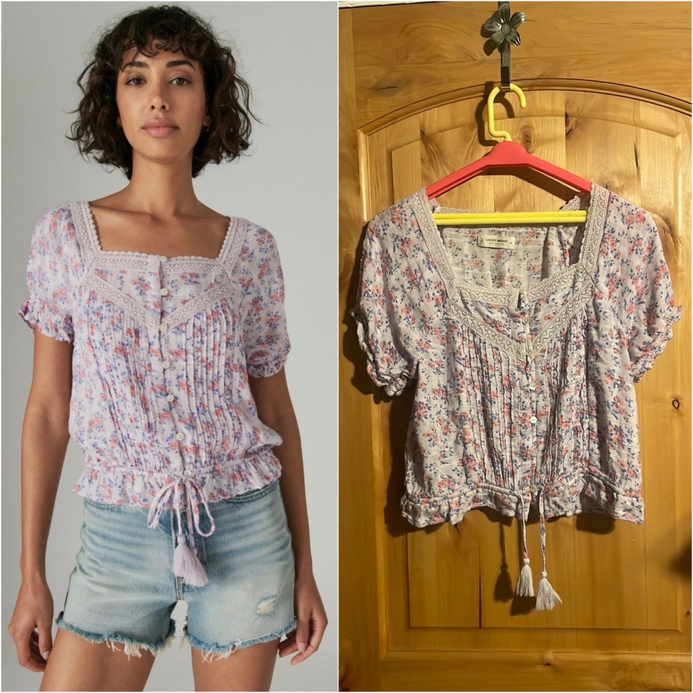 LUCKY BRAND 7W46342 Lilac Multi Floral Short Sleeve Peasant Top $69.50 EUC M